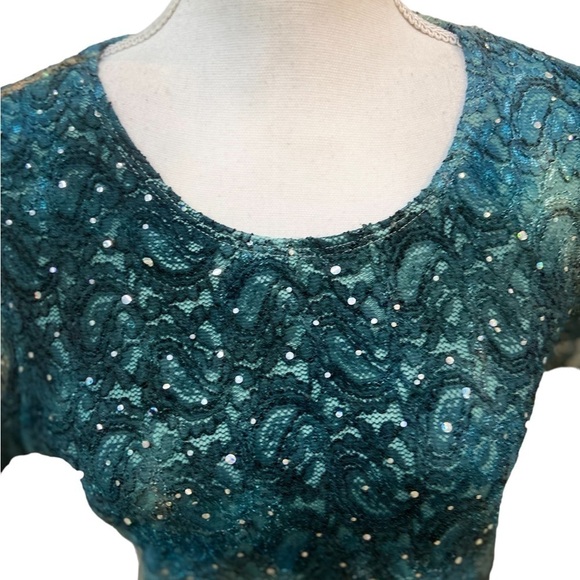 Brittany Black short sleeve stretch lace top ombre beaded sparkles lined medium - Picture 4 of 10
